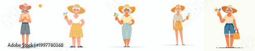 vector of a grandma standing on the beach drinking ice on summer