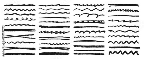 Chalk and crayon highlight set with hand drawn scribbles, zigzags, underlines brush strokes. Rough doodle lines, charcoal marks and sketch textures create playful emphasis elements note handwritten