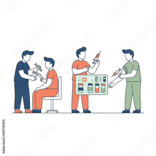 Healthcare Workers Administer Injections To Patients In Clinic.