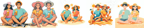 vector of a couple sitting on the beach sand drinking ice during summer