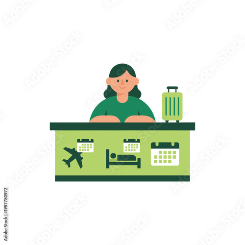 Hotel Receptionist Standing Behind Green Checkin Desk.