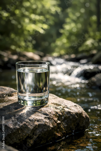 Minimalist shot showcasing pure hydration and environmental conservation. A single glass of water placed in a serene forest creek environment, emphasizing the importance of natural resources.