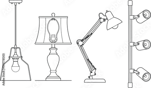 Quadro su tela Architectural lighting symbols vector set in CAD technical line art, pendant lam