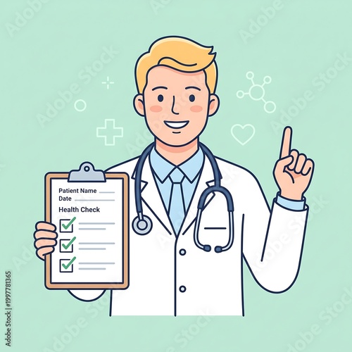 A cheerful male doctor holding a health checklist and giving an encouraging gesture