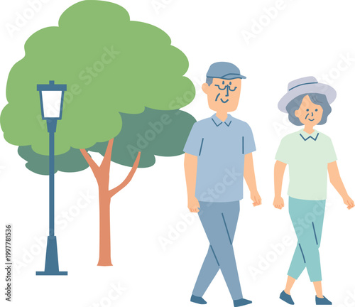 公園で散歩するシニア夫婦のイラスト