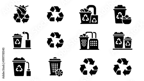 A collection of black silhouette icons depicting various aspects of recycling and waste management, including bins, factories, and the universal recycling symbol.