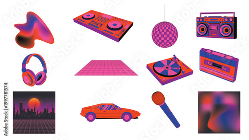 Retro 80s synthwave music elements set. Vector illustration of vintage boombox, cassette tape, DJ mixer, headphones, and disco ball in neon purple and orange aesthetic.