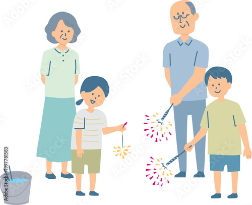 孫と花火を楽しむシニア夫婦のイラスト