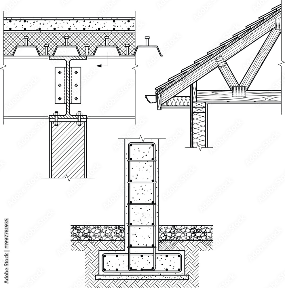 Fototapeta premium Architectural CAD structural detail symbols vector set, roof framing, slab connection and column foundation sections for construction drawings, engineering detail sheets, and blueprint documentation