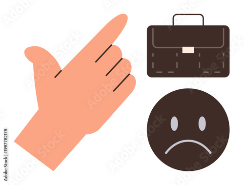 Career challenges, unemployment, job search, workplace difficulties, professional setbacks, business stress. Hand pointing left, sad face and briefcase. Career challenges and unemployment concept