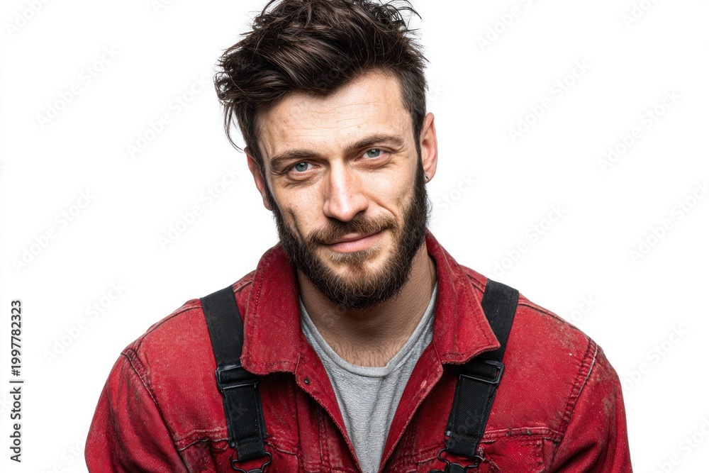 Fototapeta premium Man with beard and mustache wearing red jacket and striped shirt looking at camera with confident smile isolated on white background studio portrait.