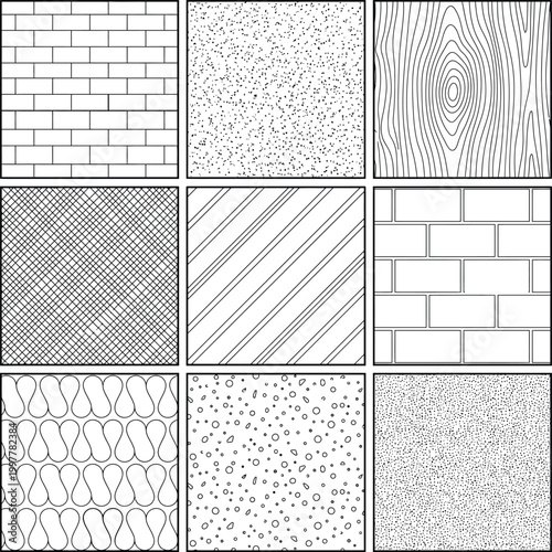 Architectural surface fill patterns vector set in top view. CAD hatch textures, brick, wood grain, concrete and crosshatch symbols for construction drawings, floor finishes and technical drafting