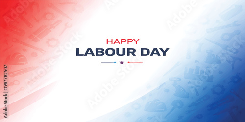Happy Labor Day USA Background with Red Blue Gradient and Construction Tools Icons, American Workforce Celebration Banner