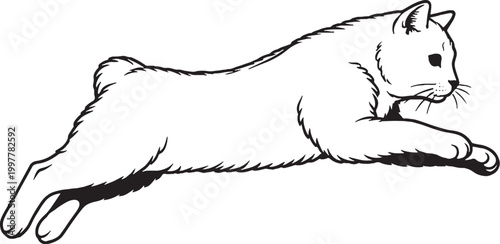 Manx cat mid air leap black and white line art vector side view isolated
