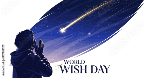 Against a dreamy sky illustration, a person with hands clasped gazes at a glowing star, representing hope and dreams, with 'World Wish Day' text, designed with light and sparkle
