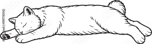 Kurilian Bobtail cat sleeping stretched line art, relaxed cat lying pose outline illustration isolated on white