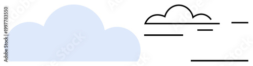 Weather, data storage, sky, cloud computing, technology, minimalism. Solid blue cloud and outlined cloud with horizontal lines. Weather and data storage