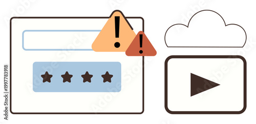 Cybersecurity, data protection, cloud warnings, account security, media playback safety, online authentication. Login form with alert icons and cloud-based media . Cybersecurity and data protection