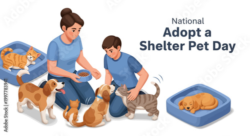 A caring woman and child are depicted in an inviting vector illustration for Adopt a Shelter Pet Day, feeding and petting rescue dogs and cats near cozy pet beds against a clean white