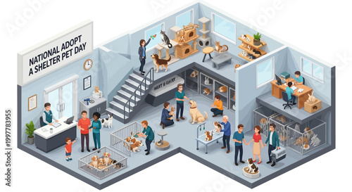 Isometric vector illustration depicting a bustling animal shelter on National Adopt a Shelter Pet Day, showcasing staff, volunteers, and prospective owners interacting with cats and dogs