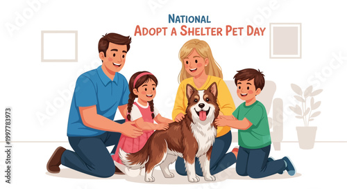 A happy family is featured petting their newly adopted dog in a vector illustration celebrating Adopt a Shelter Pet Day, set against a clean white background to highlight the animal rescue