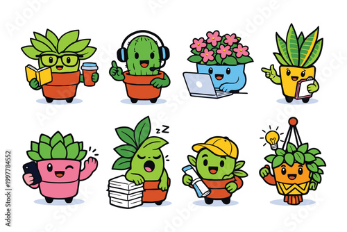 Set of cute cactus and succulent plant characters doing daily office work and professional activities