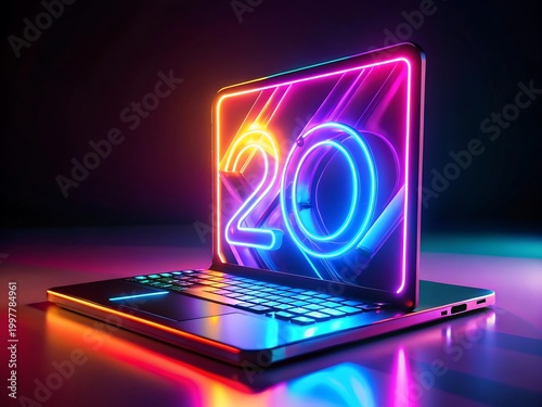 Laptop with neon number 20 on screen and colorful lights