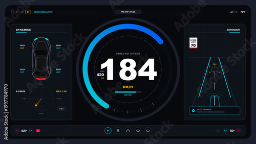 Modern smart car dashboard UI illustration with digital speedometer, navigation map, music player and climate control interface. Futuristic automotive display design ideal for electric vehicles.