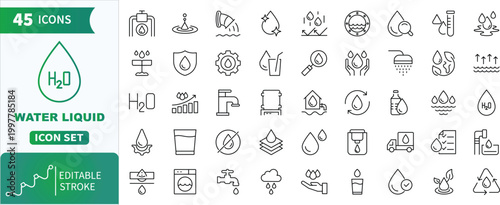 Water liquid icon set . Collection of drop, h2o, mineral, purification, plumbing, hydration and more .