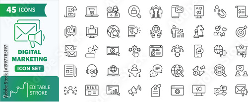 Digital marketing outline set. Collection of line icons illustrating various aspects of digital marketing and web advertising