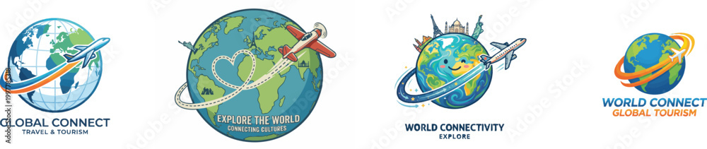 Naklejka premium A stylized globe with a plane in flight leaving curved trail set. Ideal for tourism promotions and world connectivity. Vector isolated on white
