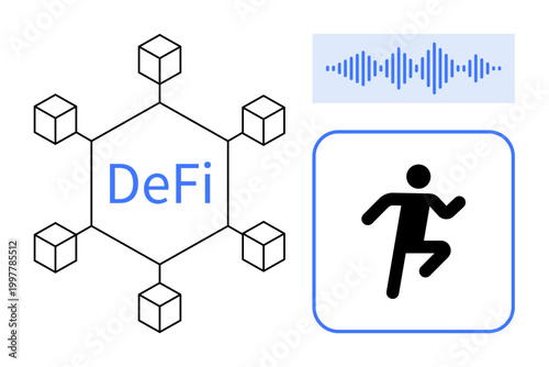 Decentralized finance. ion of blockchain network, fitness figure, and soundwave audio motif. Decentralized finance explores new technology and fitness integration. For fintech, health apps