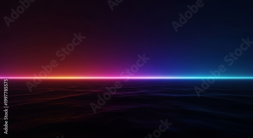 An expansive dark abyss features a soft glow emanating from a far horizon, creating a peaceful sense of solitude and vast spatial depth, negative, moody, horizon