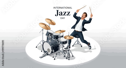 An energetic jazz musician is illustrated performing on drums with a celebratory pose, set against a bright white background with the International Jazz Day text above, creating a vibrant