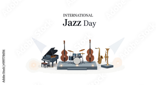 A stylized vector illustration celebrates International Jazz Day with a spotlight on a stage featuring classic jazz instruments like a piano, saxophone, double bass, and trumpet, set