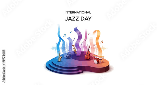 Stylized vector illustration celebrating International Jazz Day, showcasing abstract musical instruments on a vibrant stage with swirling, colorful sound waves against a clean white