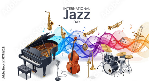 Illustrated vector design showcasing International Jazz Day with musical instruments including a saxophone, piano, trumpet, and double bass, set against a clean white background
