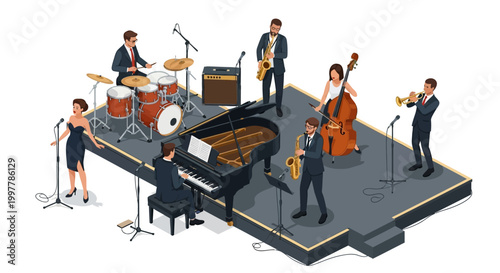 Isometric vector illustration showcasing a vibrant jazz band performance on stage, complete with musicians playing the piano, saxophone, trumpet, and double bass, set against a minimalist