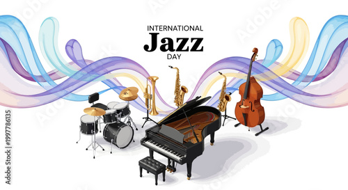 A vector illustration depicting International Jazz Day with various jazz instruments like saxophone, piano, drums, and double bass arranged in a celebratory composition against a white