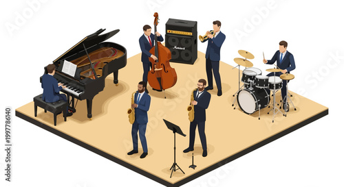 Isometric vector illustration showcasing an International Jazz Day celebration with musicians performing live jazz music on piano, saxophone, trumpet, double bass, and drums, set