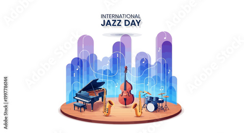 A vibrant illustration celebrating International Jazz Day showcases a classic stage setup with a grand piano, double bass, saxophone, and drums, all rendered in a retro style with a soulful
