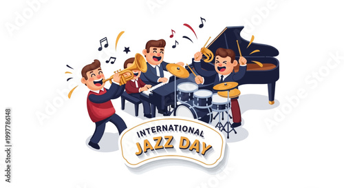 Enthusiastic jazz musicians performing a lively concert with a trumpet, piano, and drums, captured in a colorful vector illustration celebrating International Jazz Day, set against a clean