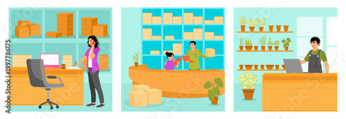 Small business concept. Package and e-commerce checklists.A self owned plant shop.