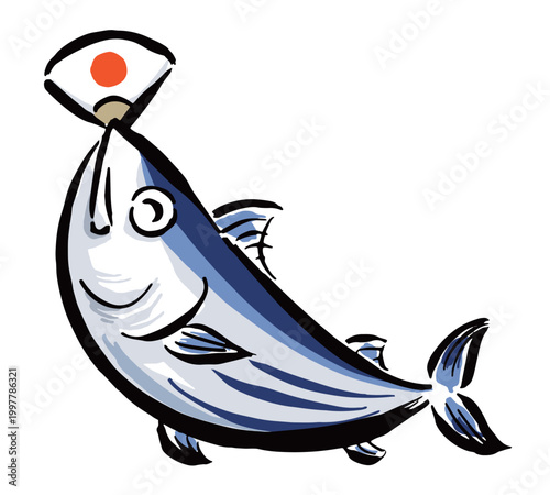 日の丸の扇子で祝う魚（カツオ）
