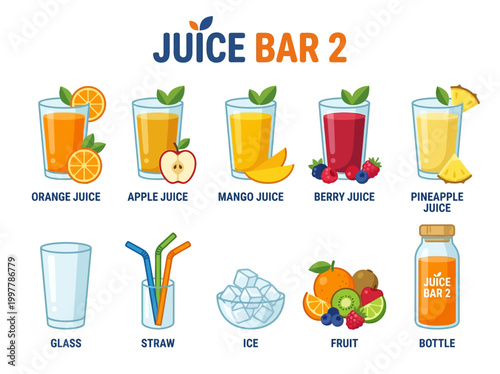 Vector food illustration of a variety of juices, fruits, and drinks with labels, ideal for a juice bar concept