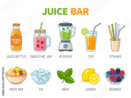 Juice bar fresh food and drinks vector illustration, healthy lifestyle and natural ingredients concept