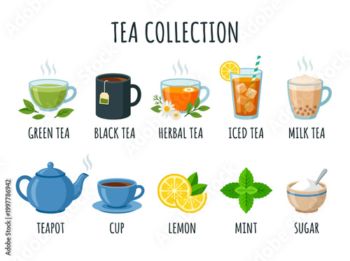 vector food collection of popular tea drinks and tea paraphernalia for beverage and refreshment concepts