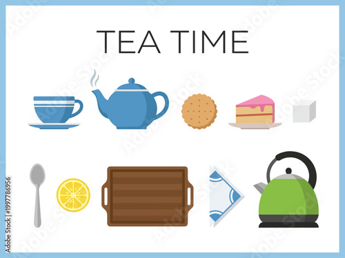 Vector illustration of tea time with food and drinks, including teapot, cup, cake, biscuit, and lemon