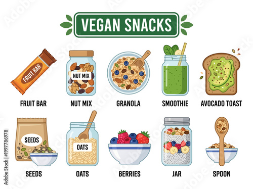 Healthy vegan food and snacks vector illustration, including fruit bar, nuts, granola, smoothie and avocado toast