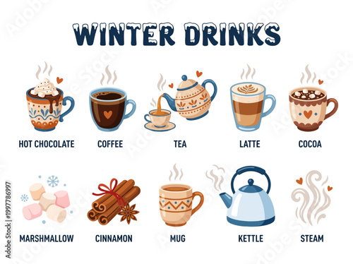A delightful vector illustration showcasing a variety of popular winter food and drinks, perfect for seasonal promotions and designs
